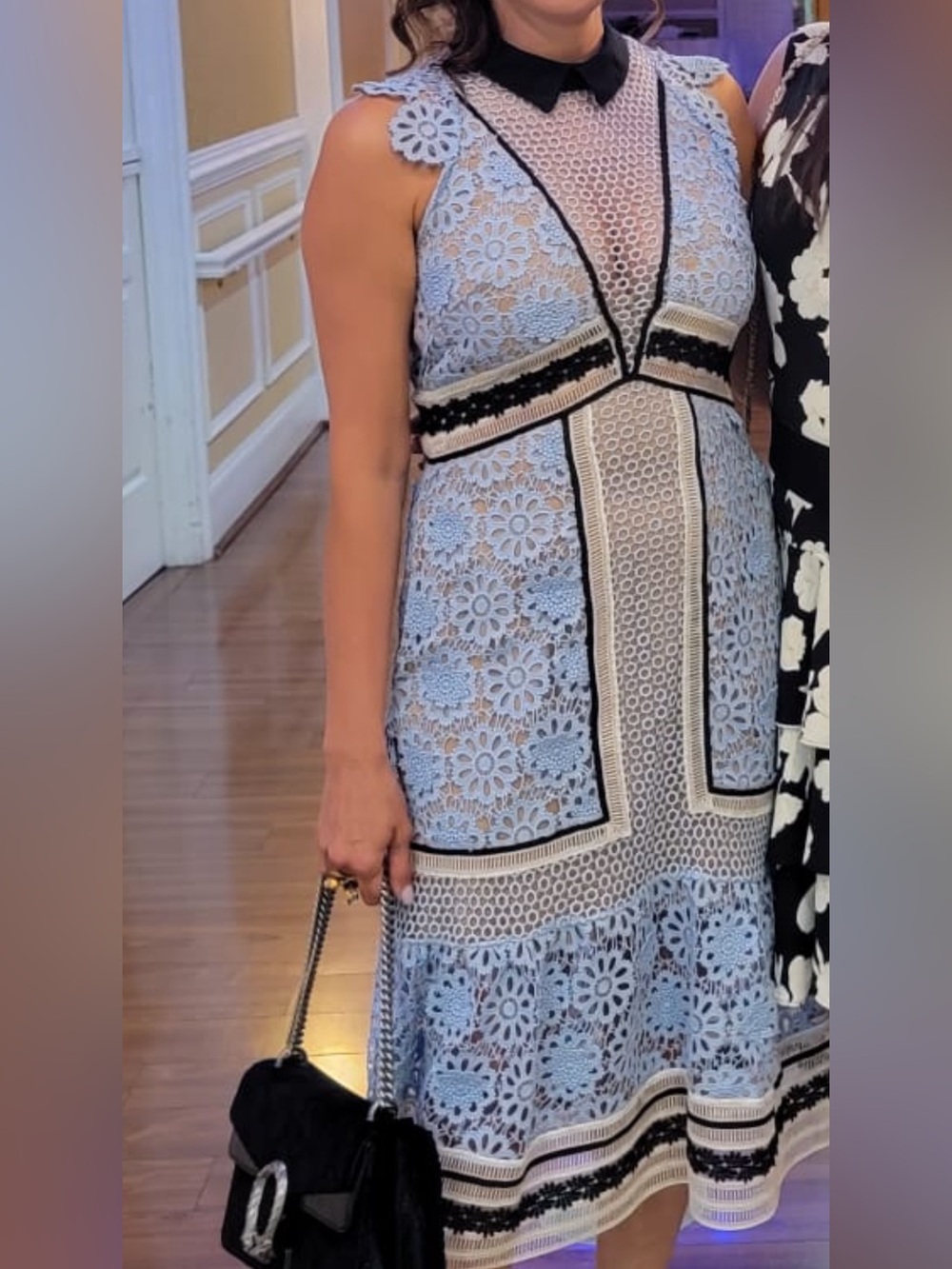 Self portrait Sleeveless Light Blue Floral Lace Midi Dress with Contrast Collar